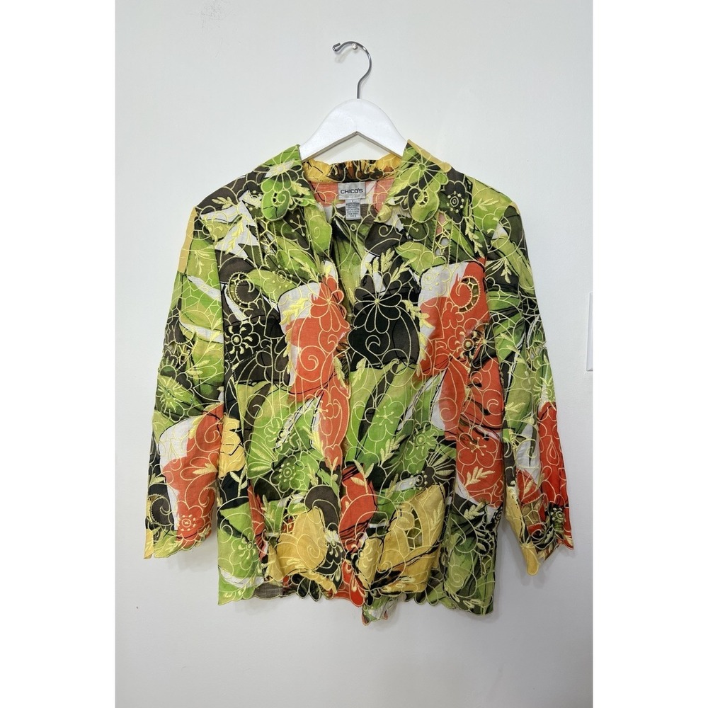 Chico's Artsy Embroidered Floral Jacket Top Size 2 Boho Luxe